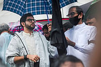 | Photo: PTI/Kunal Patil :  Shiv Sena (UBT) chief Uddhav Thackeray, party leader Aaditya Thackeray